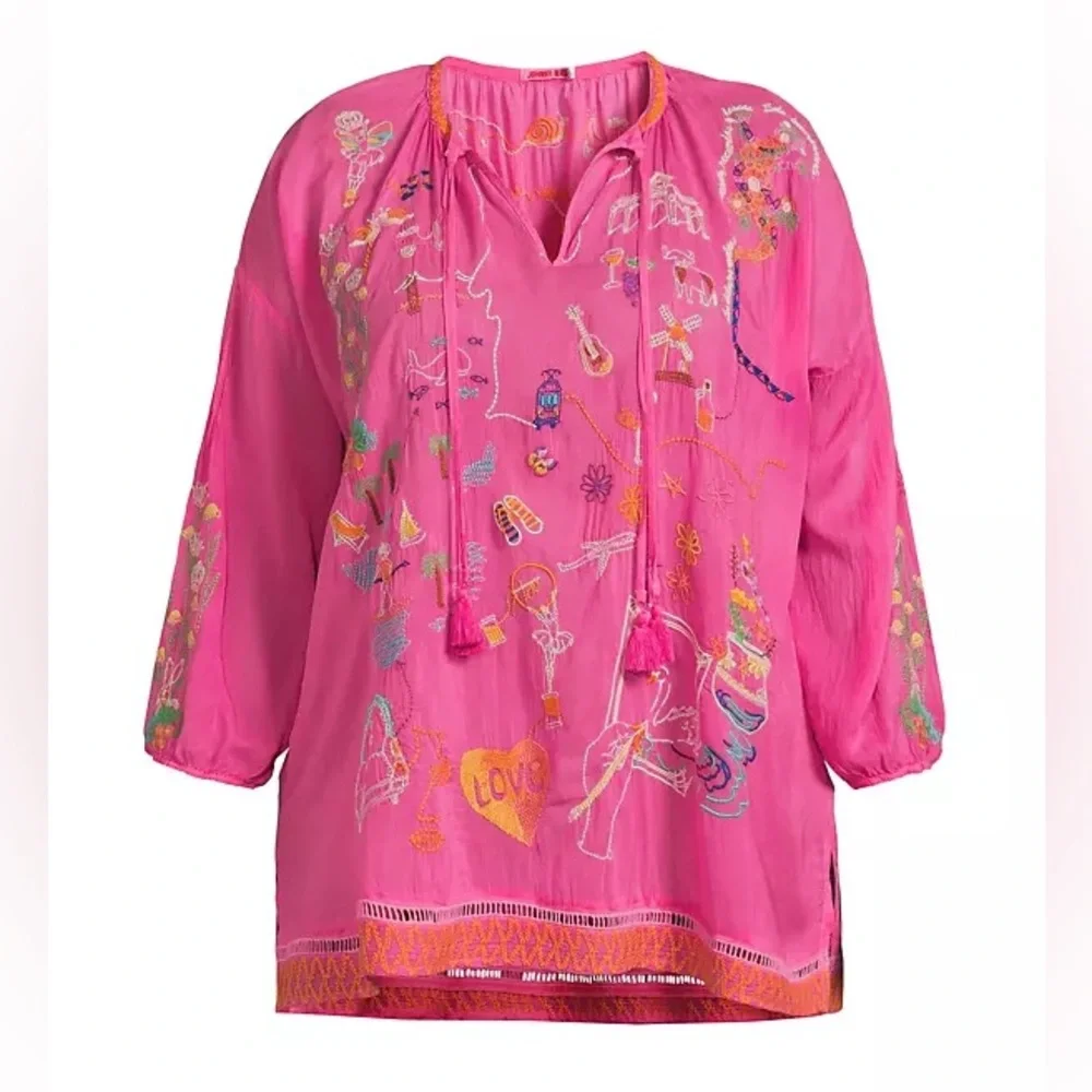 JOHNNY WAS Zadonia Embroidered Tie Neck Blouse in Fuchsia Pink